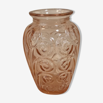 Vase en verre rose moulé à jacinthe ancien Art Déco