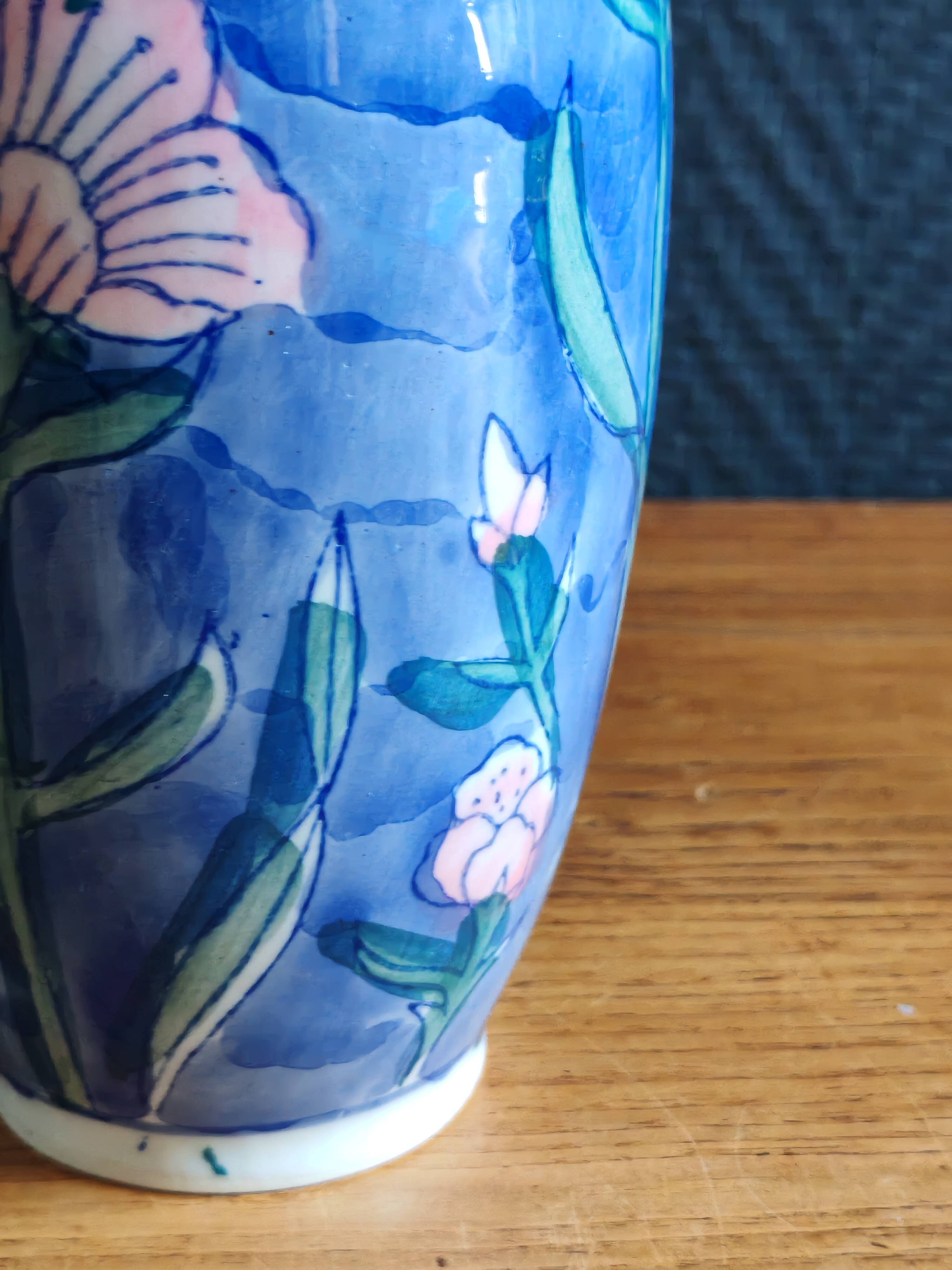 Vintage Blue Ceramic Vase with Pink Floral Decoration, Shabby Chic Style