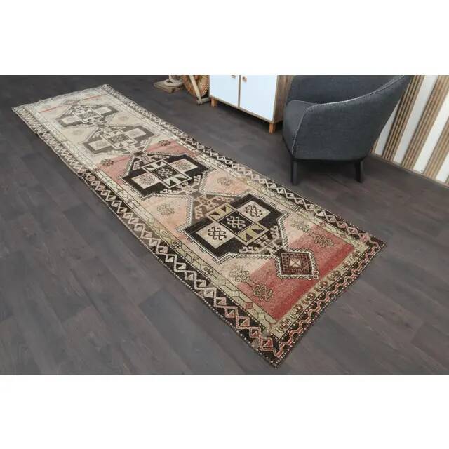 1970s Turkish Oushak Handmade Wool Cotton Orange Runner Rug 117x391
