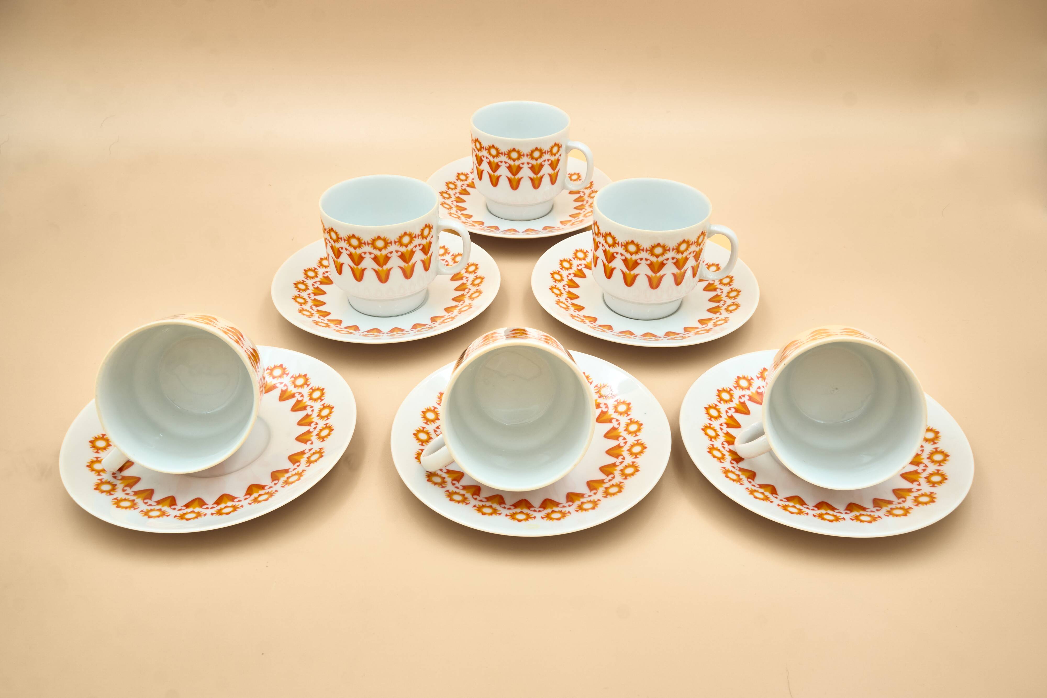 6 Midcentury Porcelain Coffee Cups & Saucers, EPIAG, Czechoslovakia