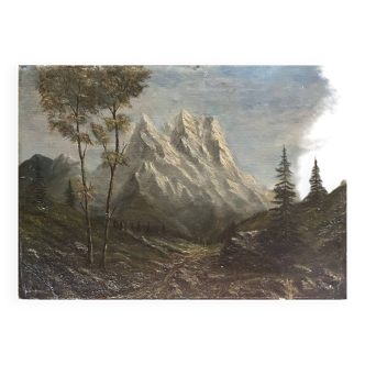 Tableau montagne avec chemin entre les arbres signé Dumenil