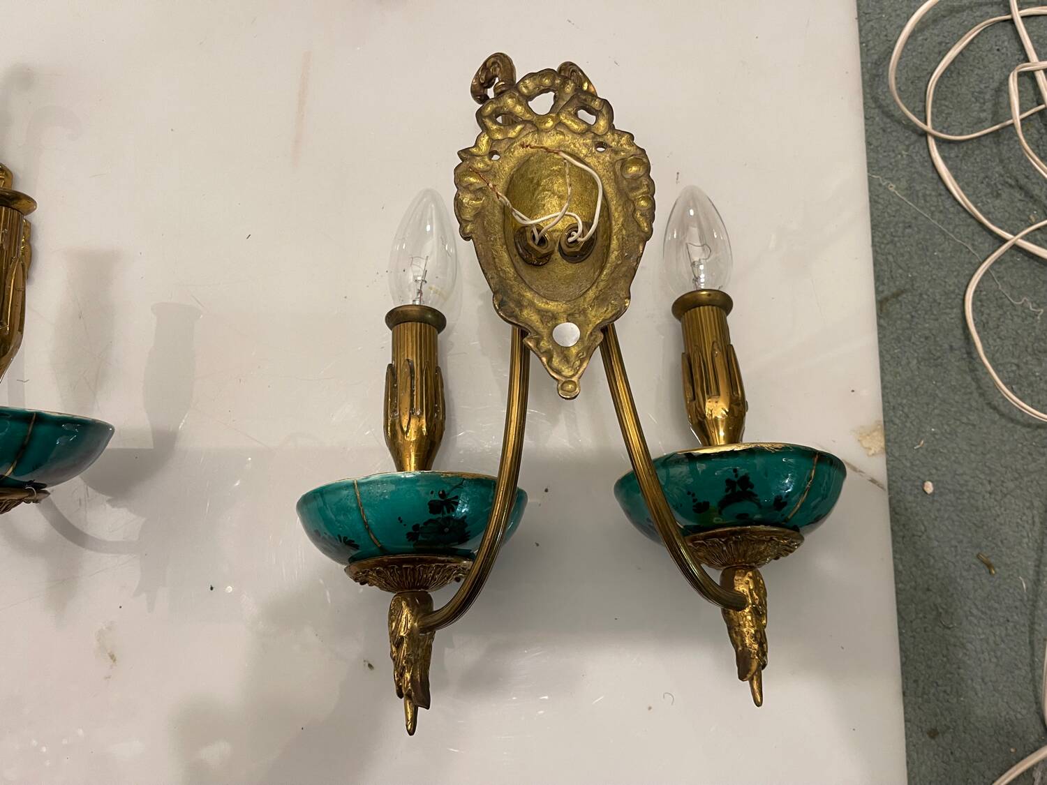 Brass Ceramic Sconces Set of 2 1940’s