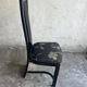 Set of 6 black lacquered wooden dining chairs with high backs and patterned fabric seats, 1980s.