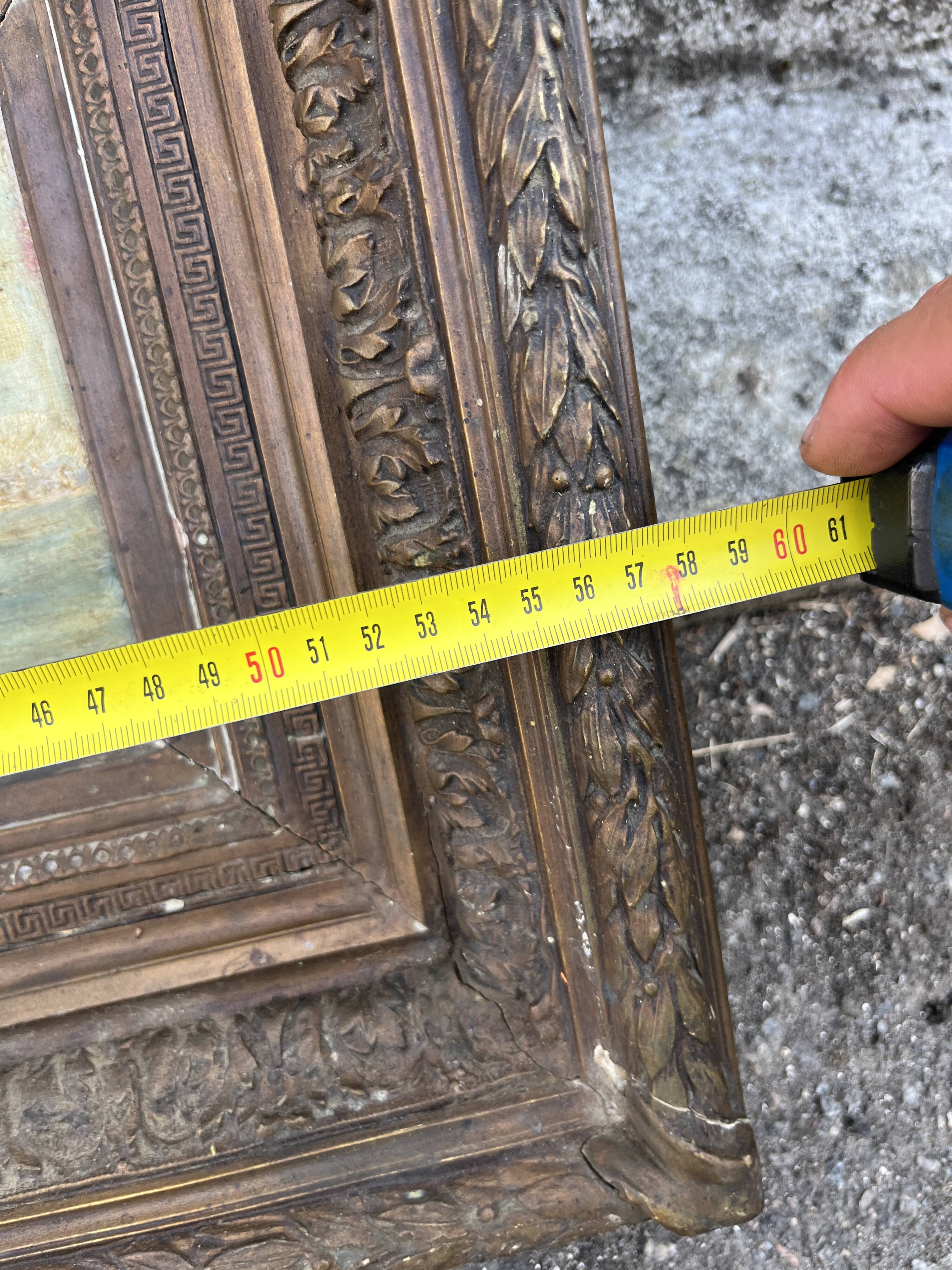 Beautiful painting of a port landscape and its old 19th century frame