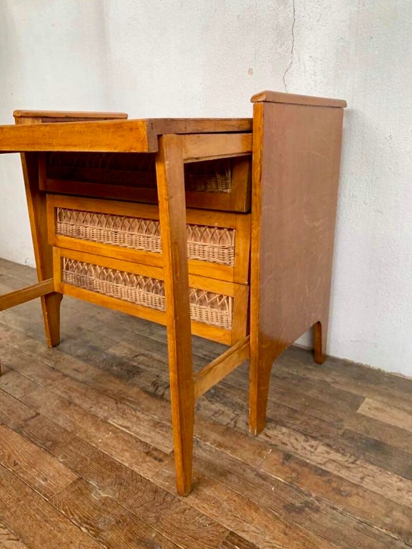 Modernist vintage chest of drawers in light chene has 3 drawers rattan top changing table