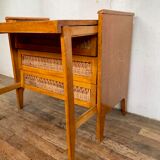 Modernist vintage chest of drawers in light chene has 3 drawers rattan top changing table