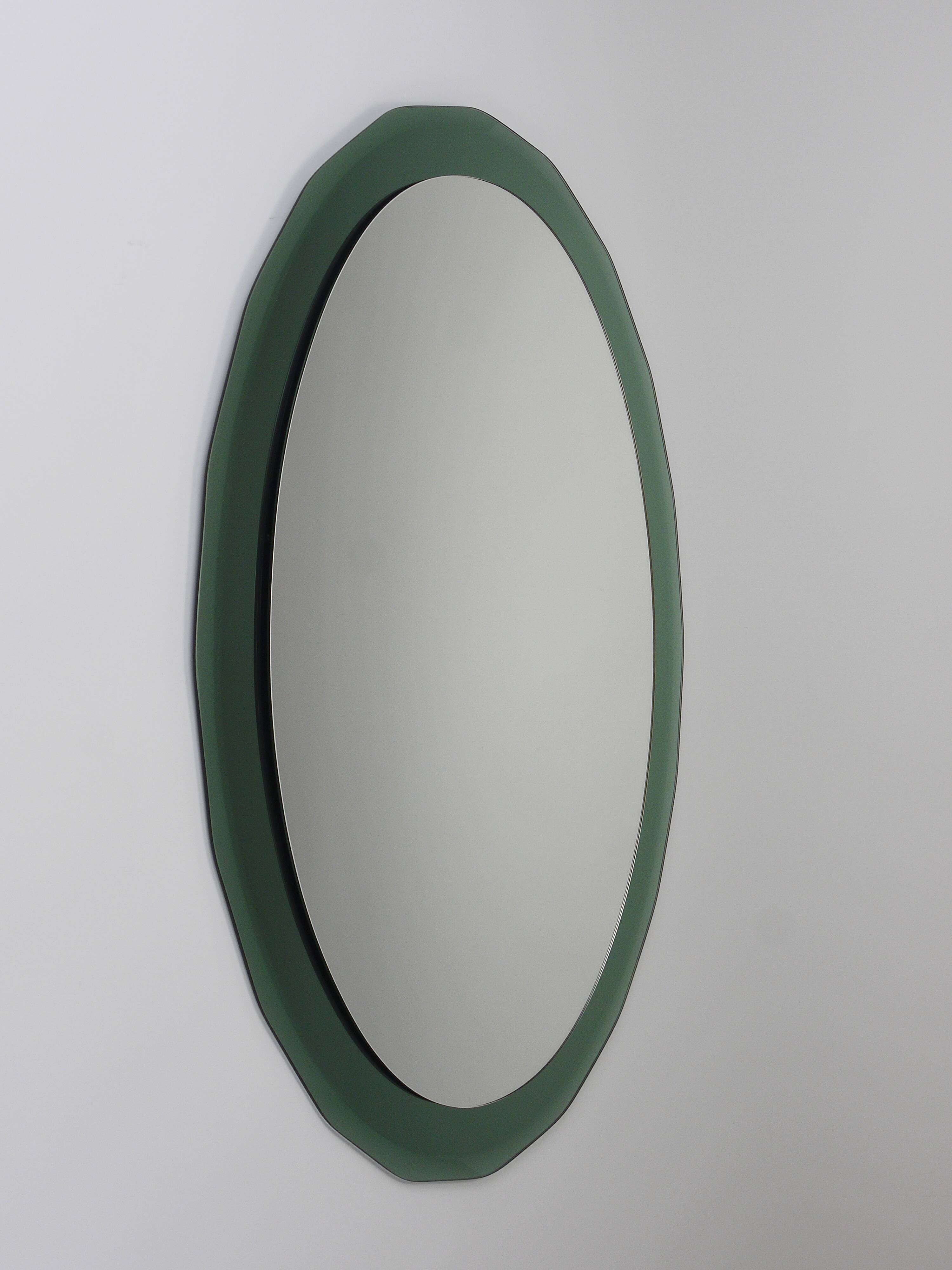 Cristal Arte Oval Green Grey Mid-Century Scalloped Wall Mirror, Italy, 1960