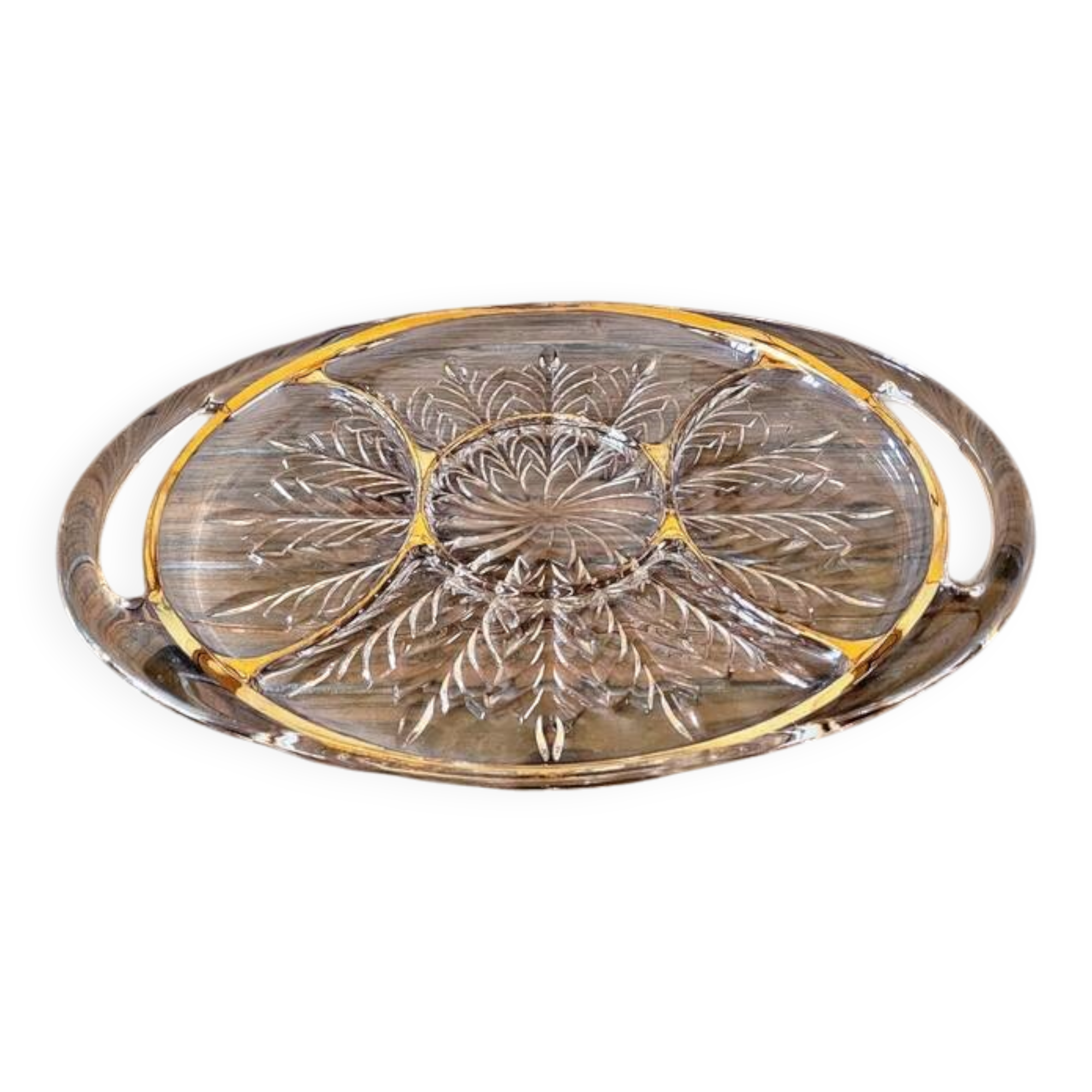 Vintage glass moulded aperitif server with handles and gilding.