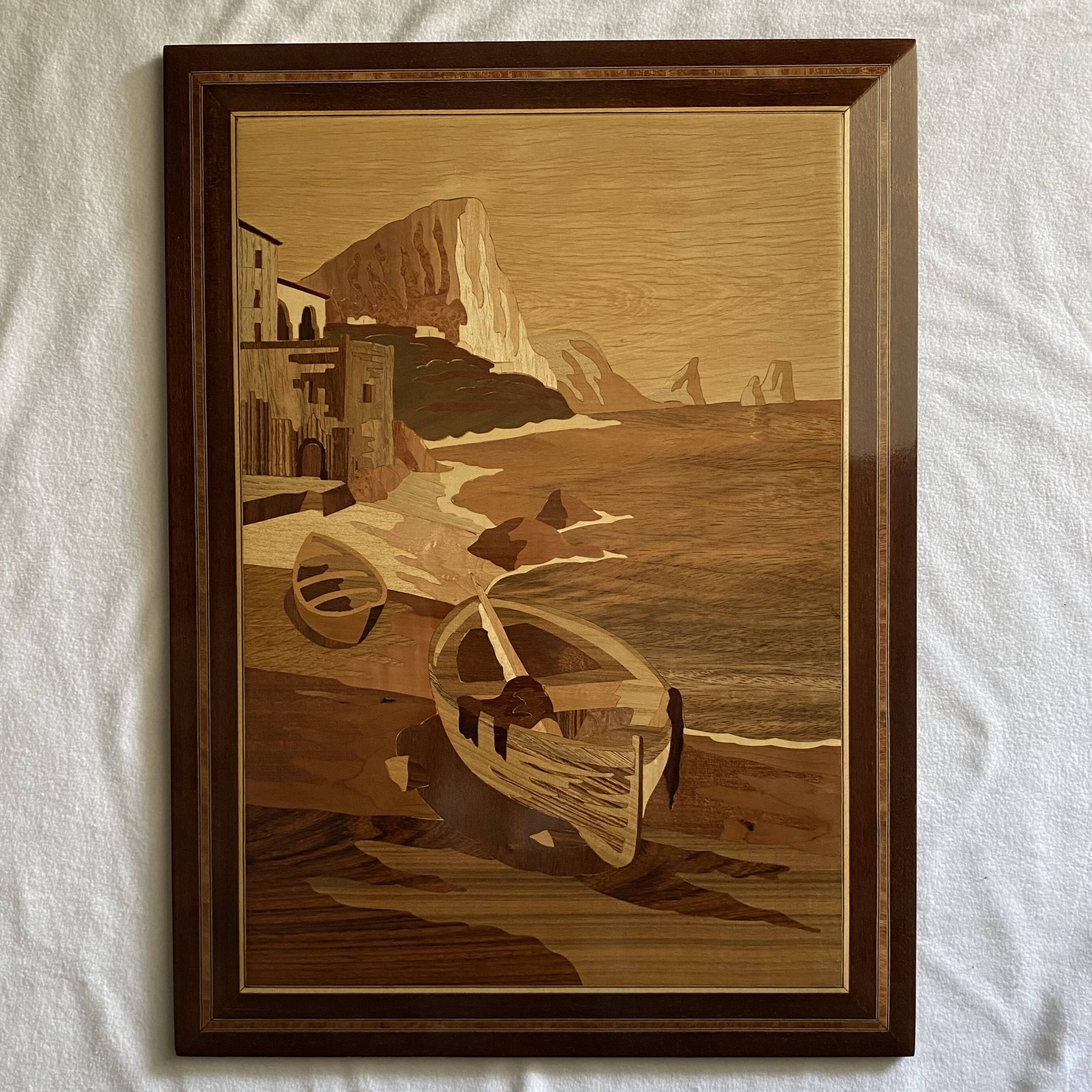 Table 45x60, Restored, Seascape, Wood marquetry