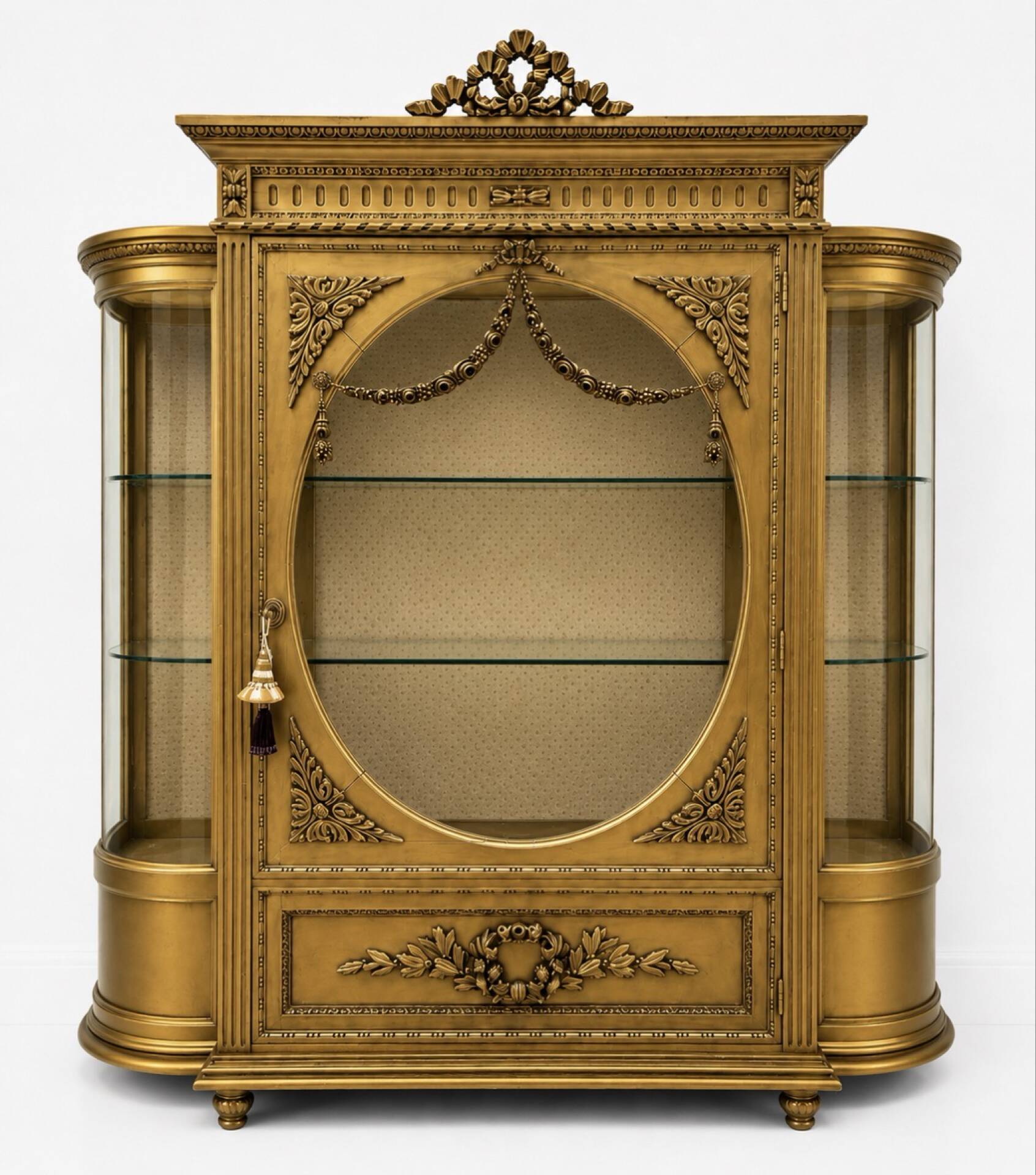 French antique Louis XVI display cabinet in gilded wood with curved glass sides.