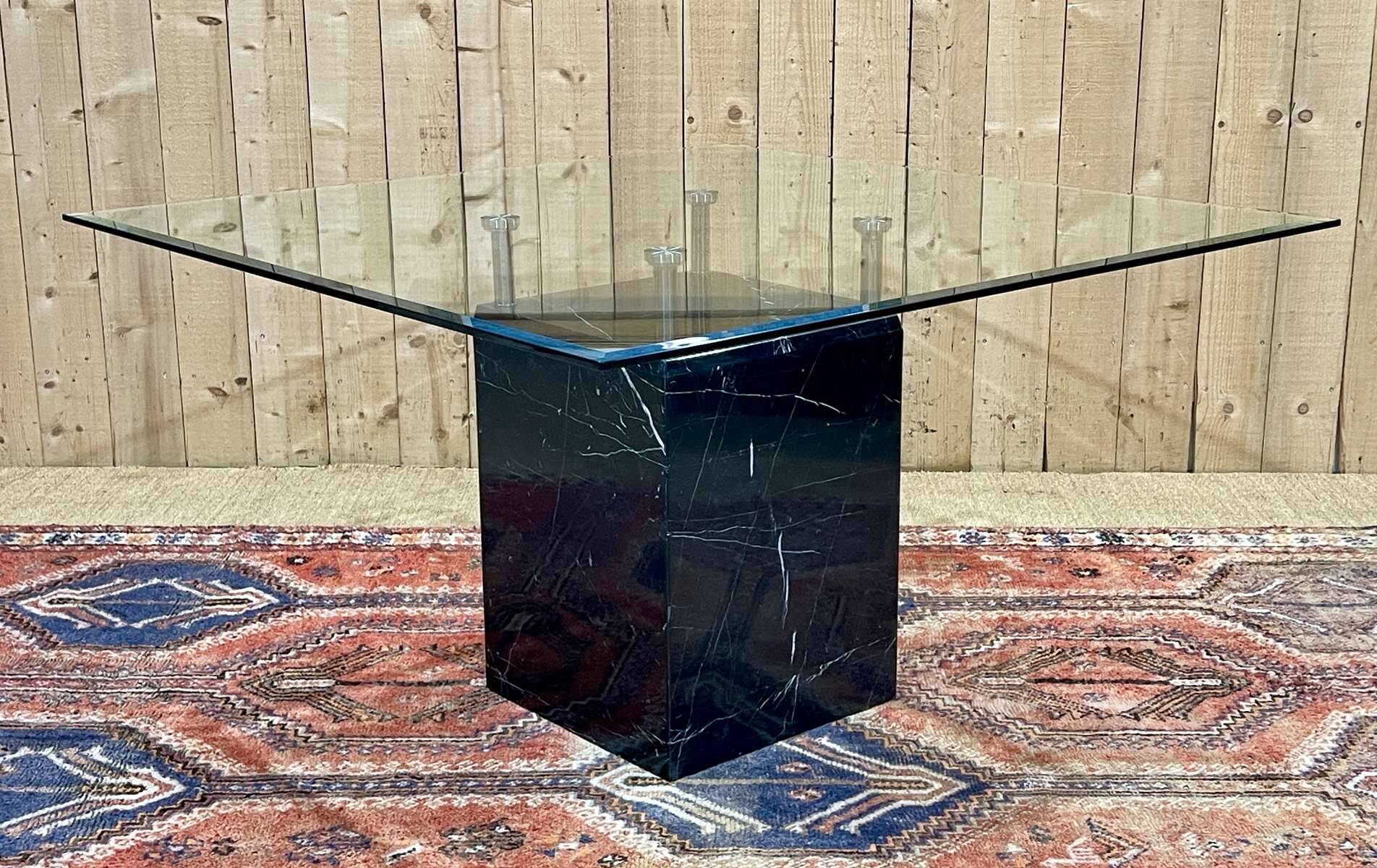 1970s square dining table, marble base and beveled glass top