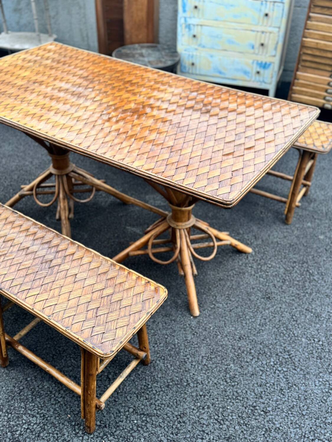 Vintage 1950s set: large table with tripod base and benches in woven chestnut
