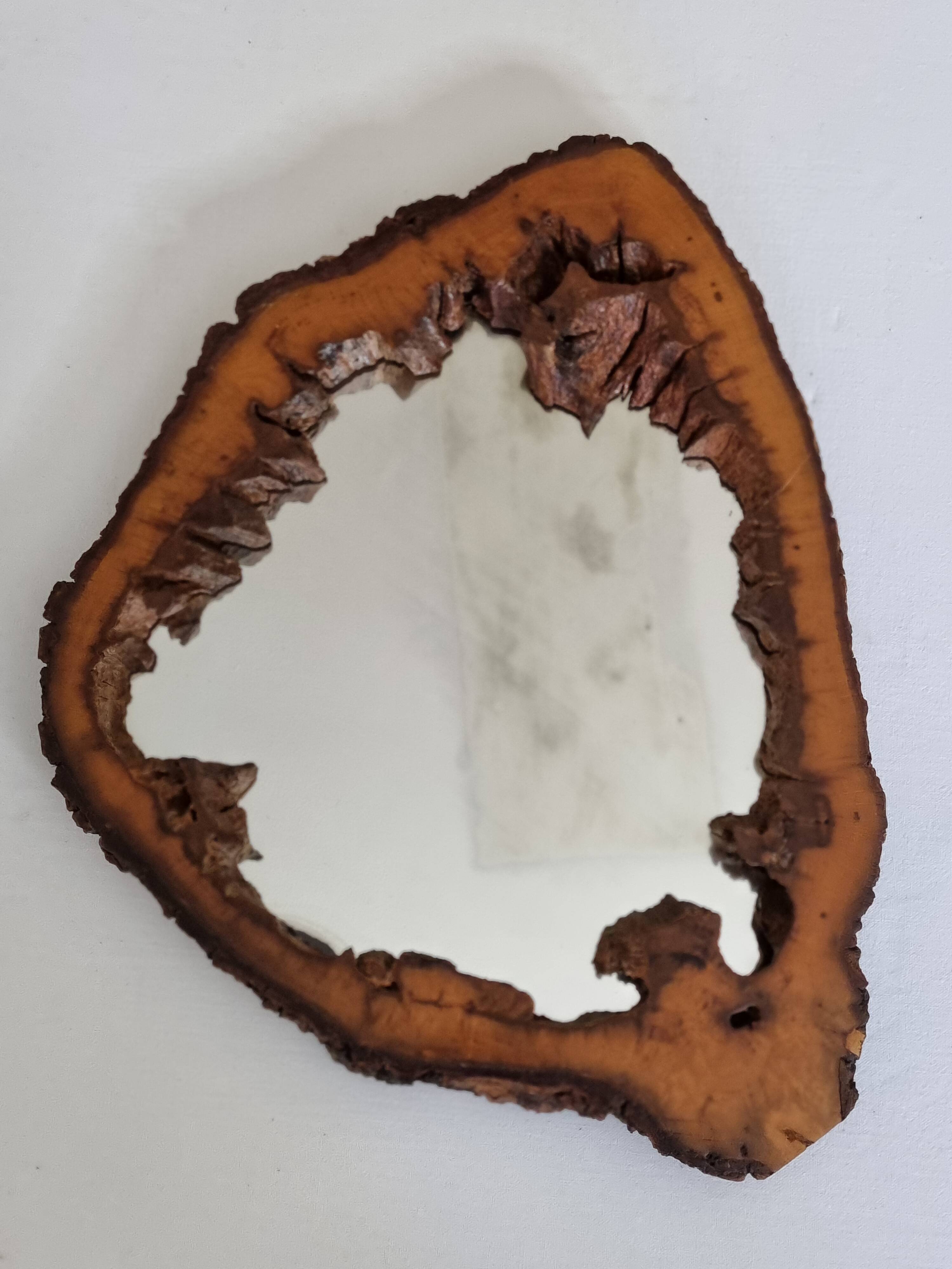Vintage mirror with live edges in burl wood, signed, 1970s, 36 cm