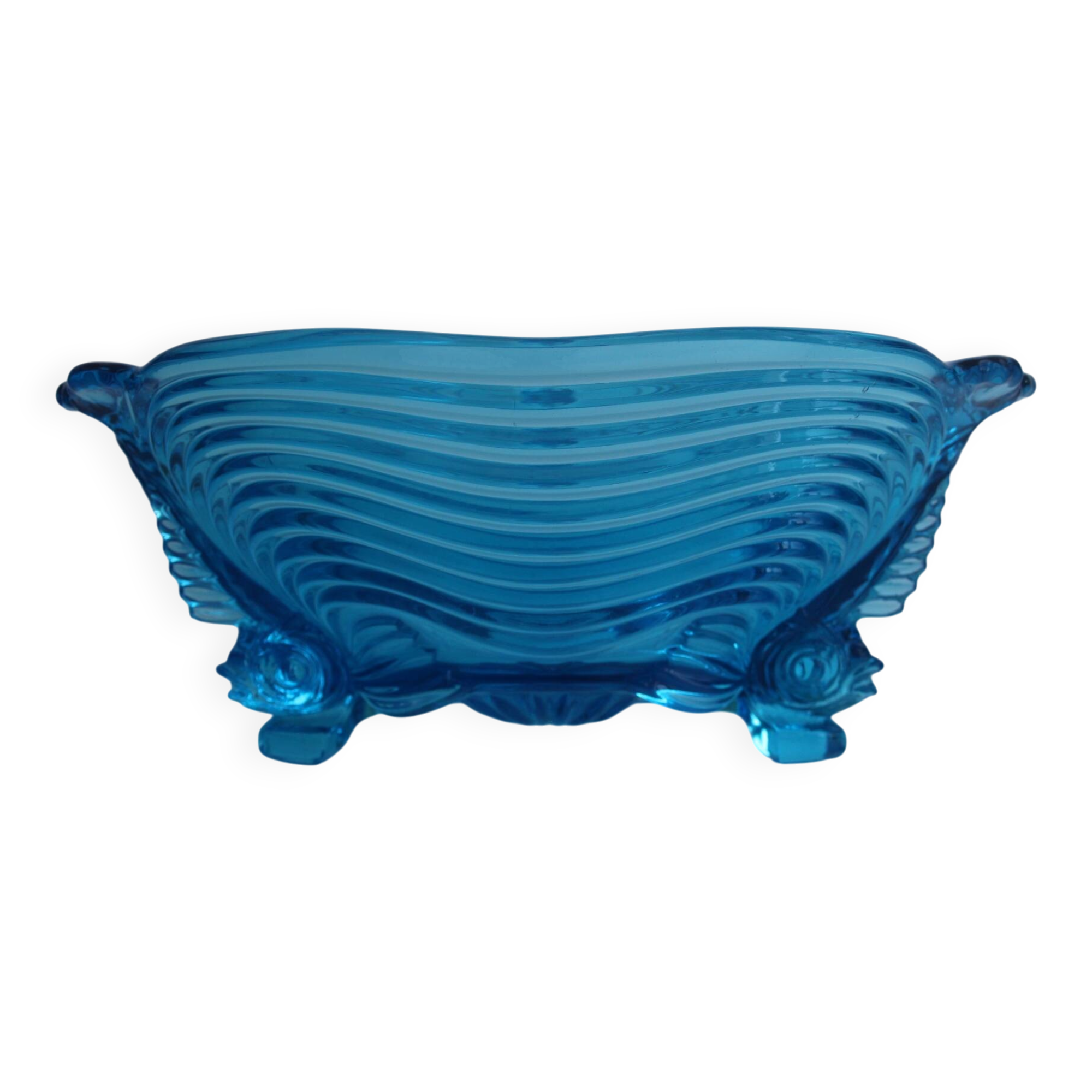 Rare Art Deco Glass Josef Inwald With Fish Feet Bowl-Gorgeous Rich Blue