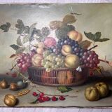 Still life painting of grapes and apples.