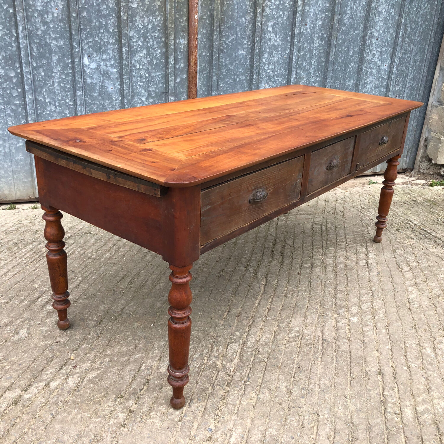 Antique Louis Philippe table in solid cherry and oak with 3 drawers