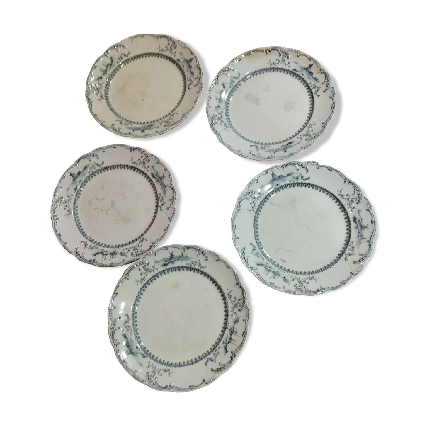Set of 5 antique plates ridgways royal semi porcelain england delft
