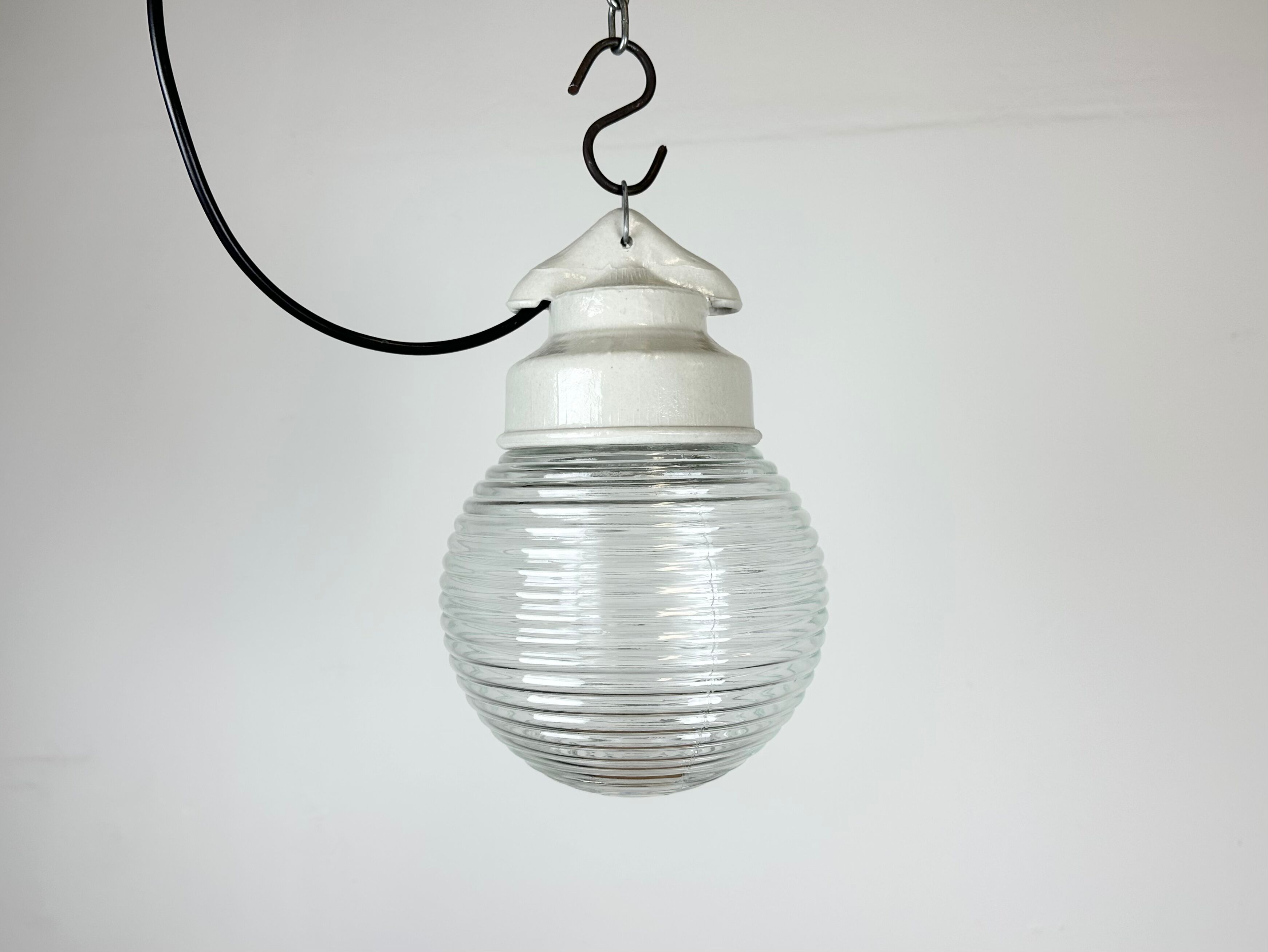 Industrial white porcelain pendant light with ribbed glass, 1970s