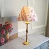 Lampe ancienne en laiton avec son abat-jour en tissu années 1900 fait main en France