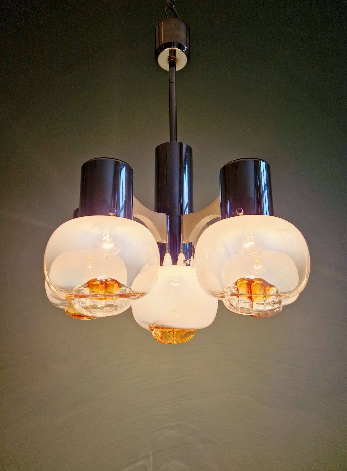 Mazzega chandelier in Murano glass and chrome-plated metal, 1970s