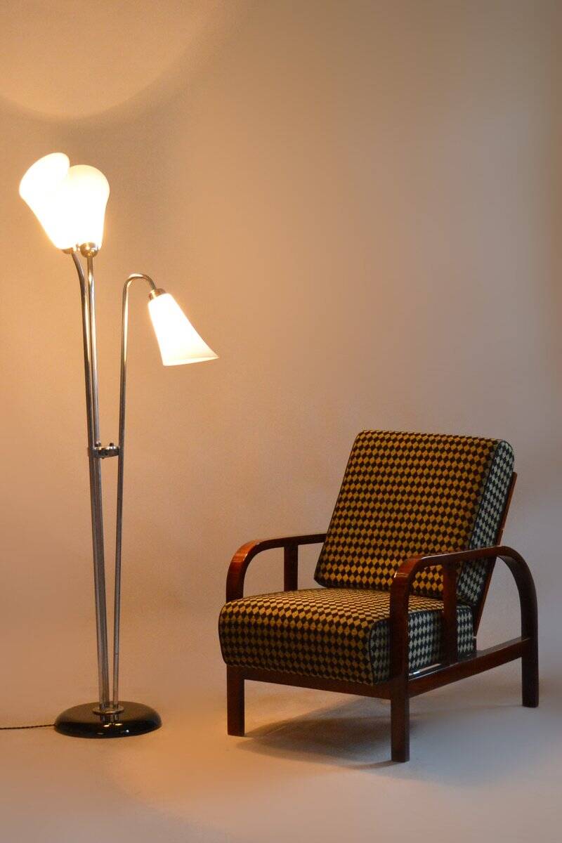 Czech Art Deco Floor Lamp in Chrome, Opal Glass and Lacquered Wood, 1930s