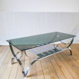 rectangular coffee table in smoked glass and chrome double trays Design 1970