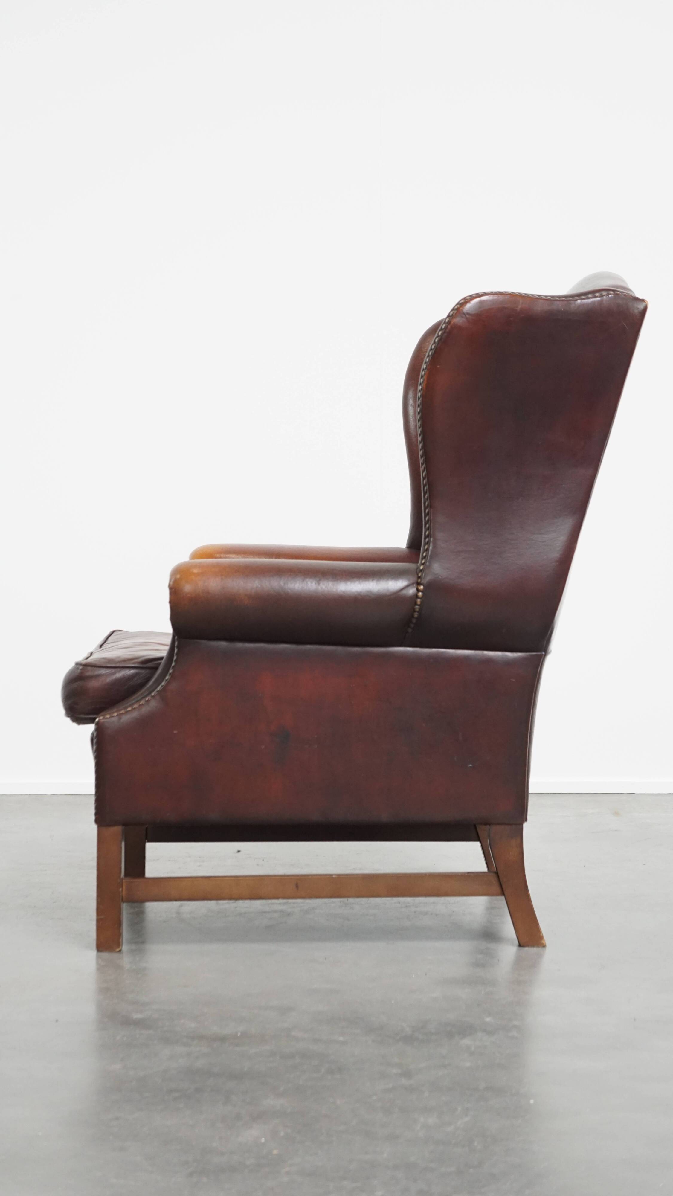 Dark English-Style Sheepskin Wingback Chair