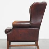 Dark English-Style Sheepskin Wingback Chair