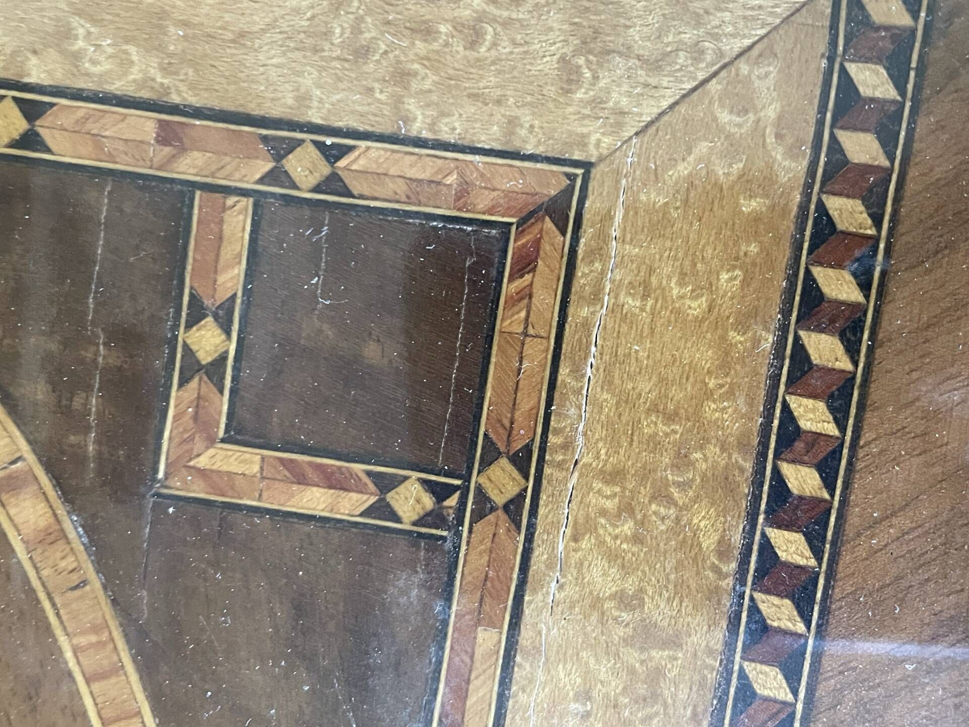 Large vintage tray, wood marquetry under glass