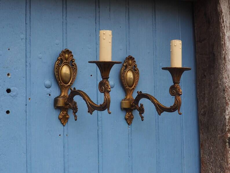 Vintage Rams Head French Bronze Wall Sconces Wall Lights C1930s Pair