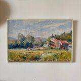 Peinture à l'huile sur toile "Forêt, champ et village" n°42