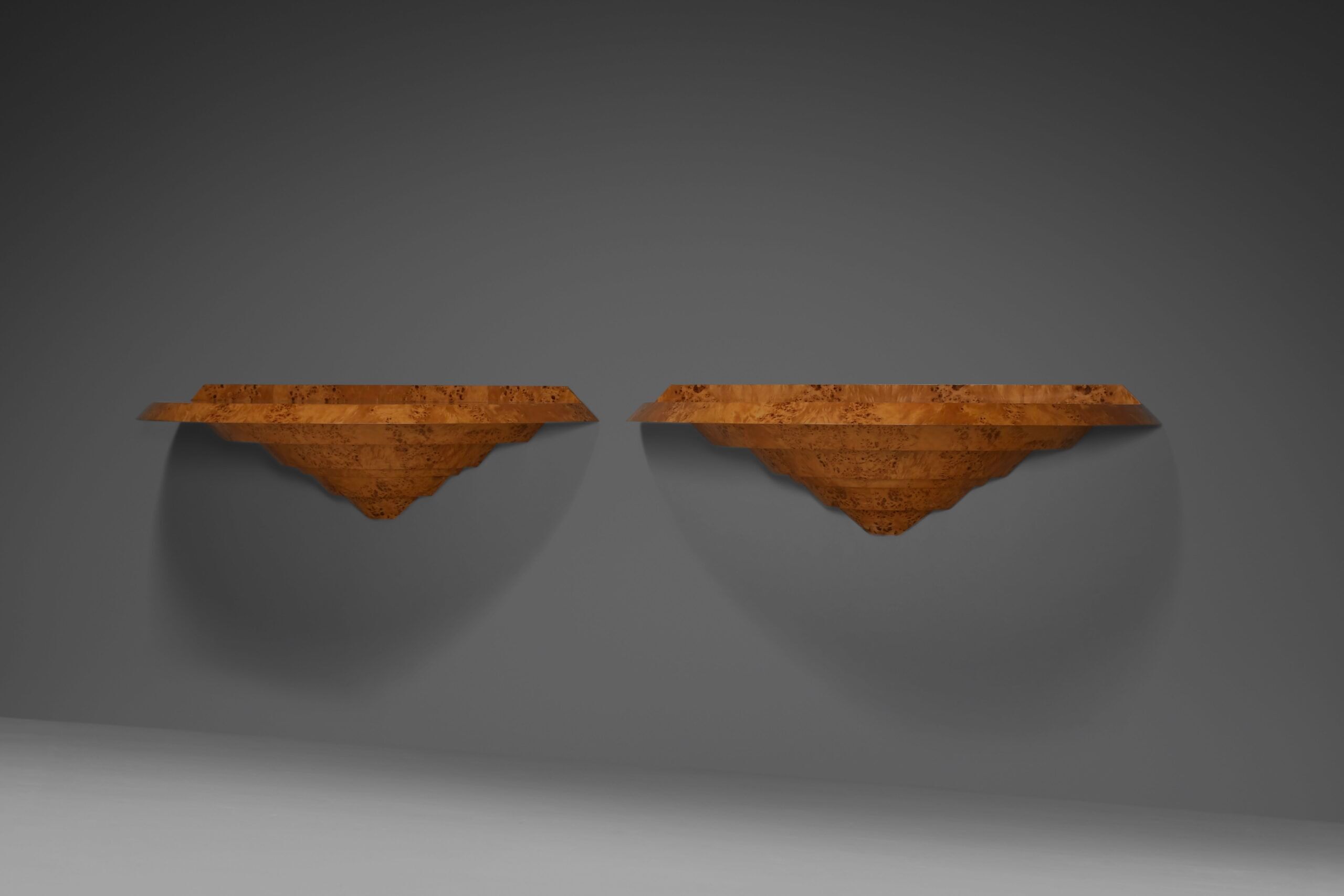 Elegant pair of Art Deco consoles in burl wood