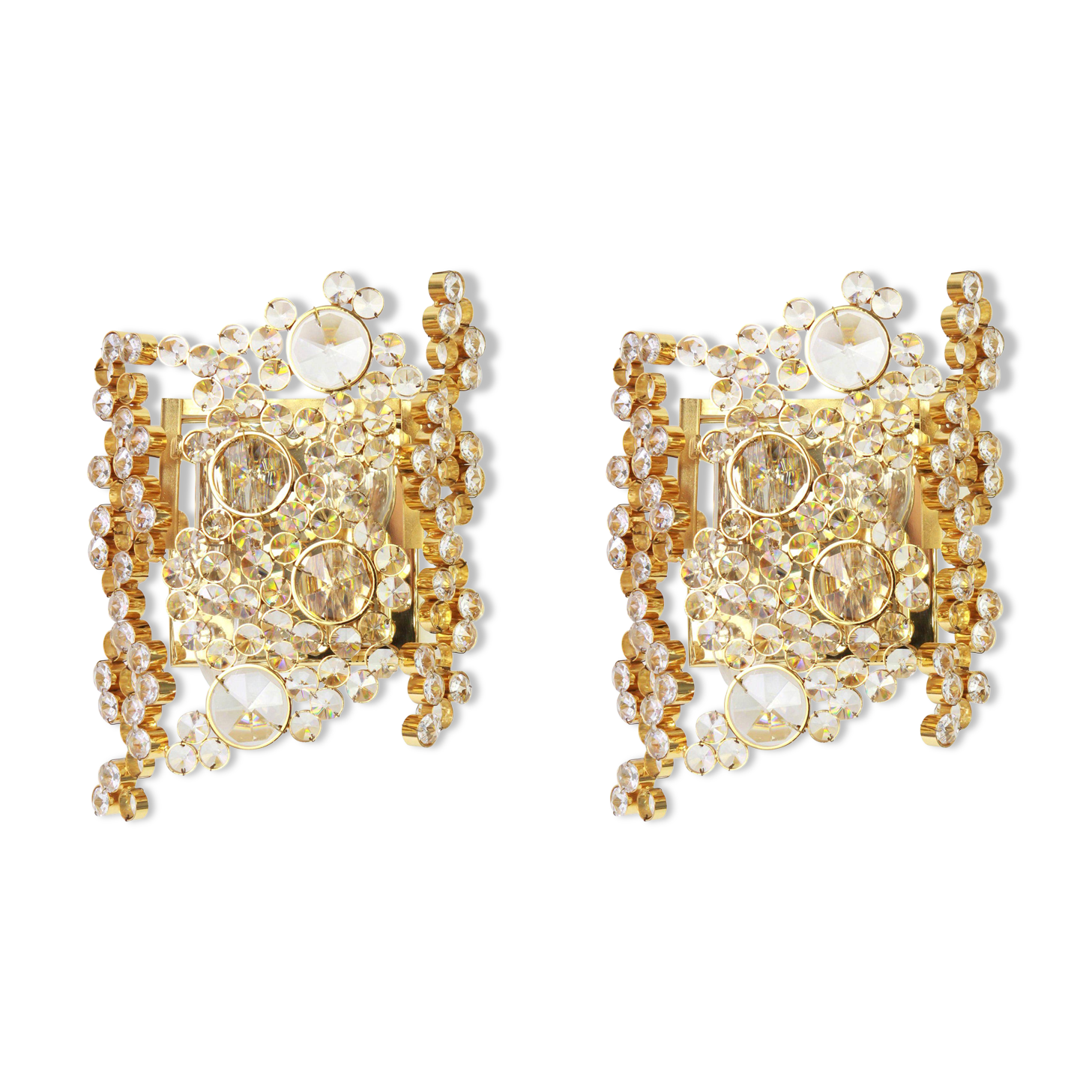 Pair of wall sconces in gilded brass and crystal by Palwa, Germany, 1960s.