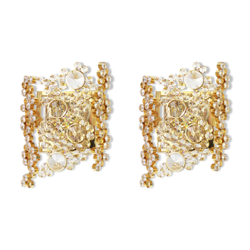 Pair of wall sconces in gilded brass and crystal by Palwa, Germany, 1960s.