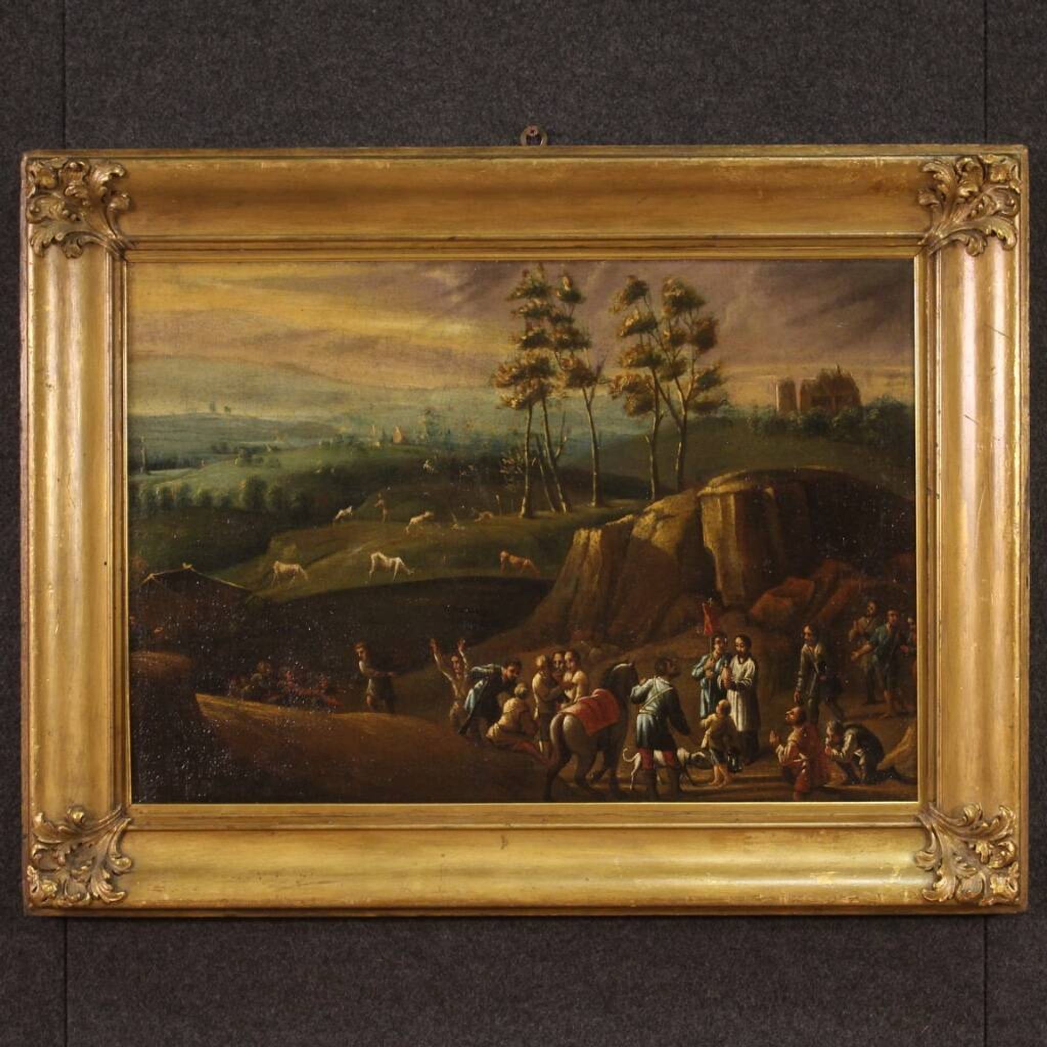 Painting oil on canvas landscape with wayfarers from the 18th century