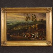 Painting oil on canvas landscape with wayfarers from the 18th century