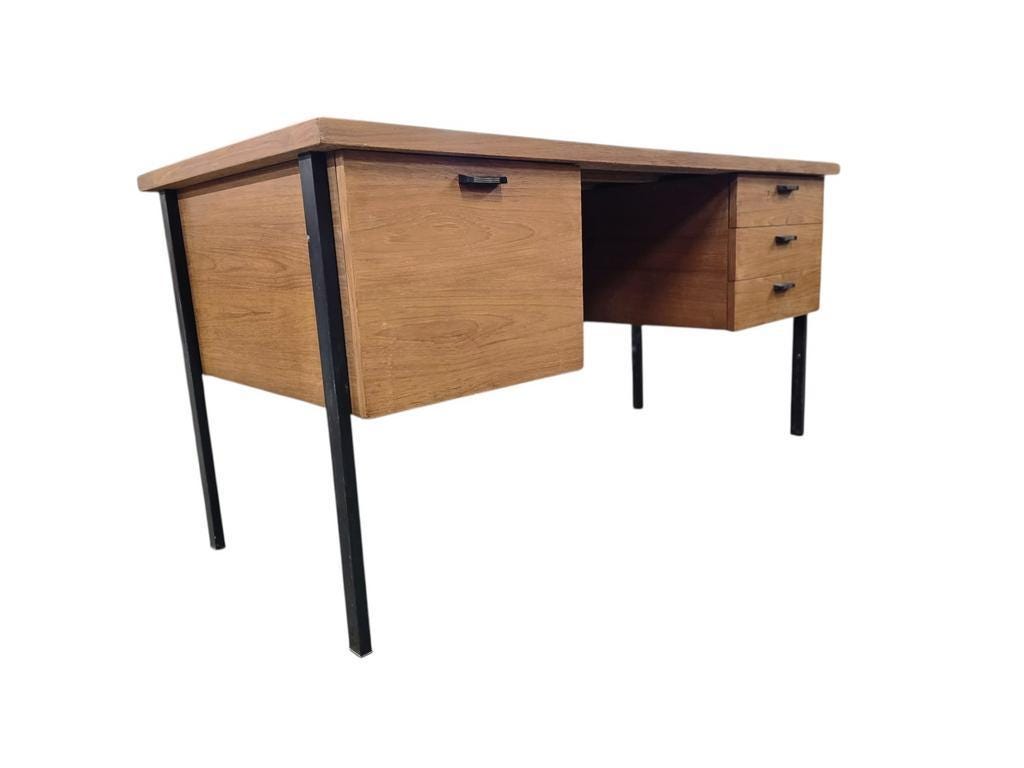 Vintage wooden desk with black steel frame