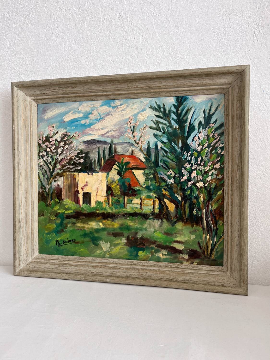 Old oil painting on panel exotic expressionist landscape signed