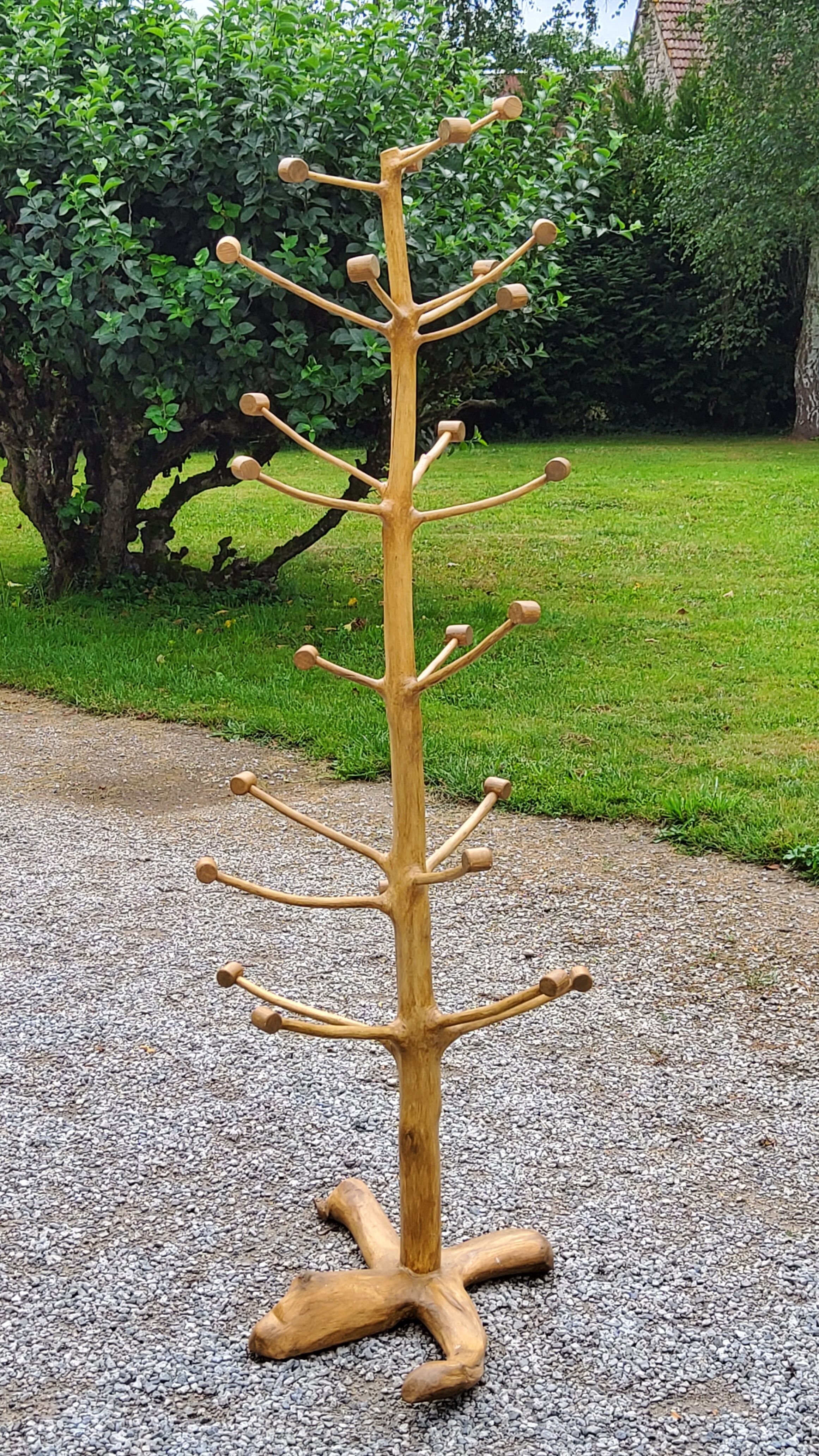 Brutalist coat rack on boxwood stand