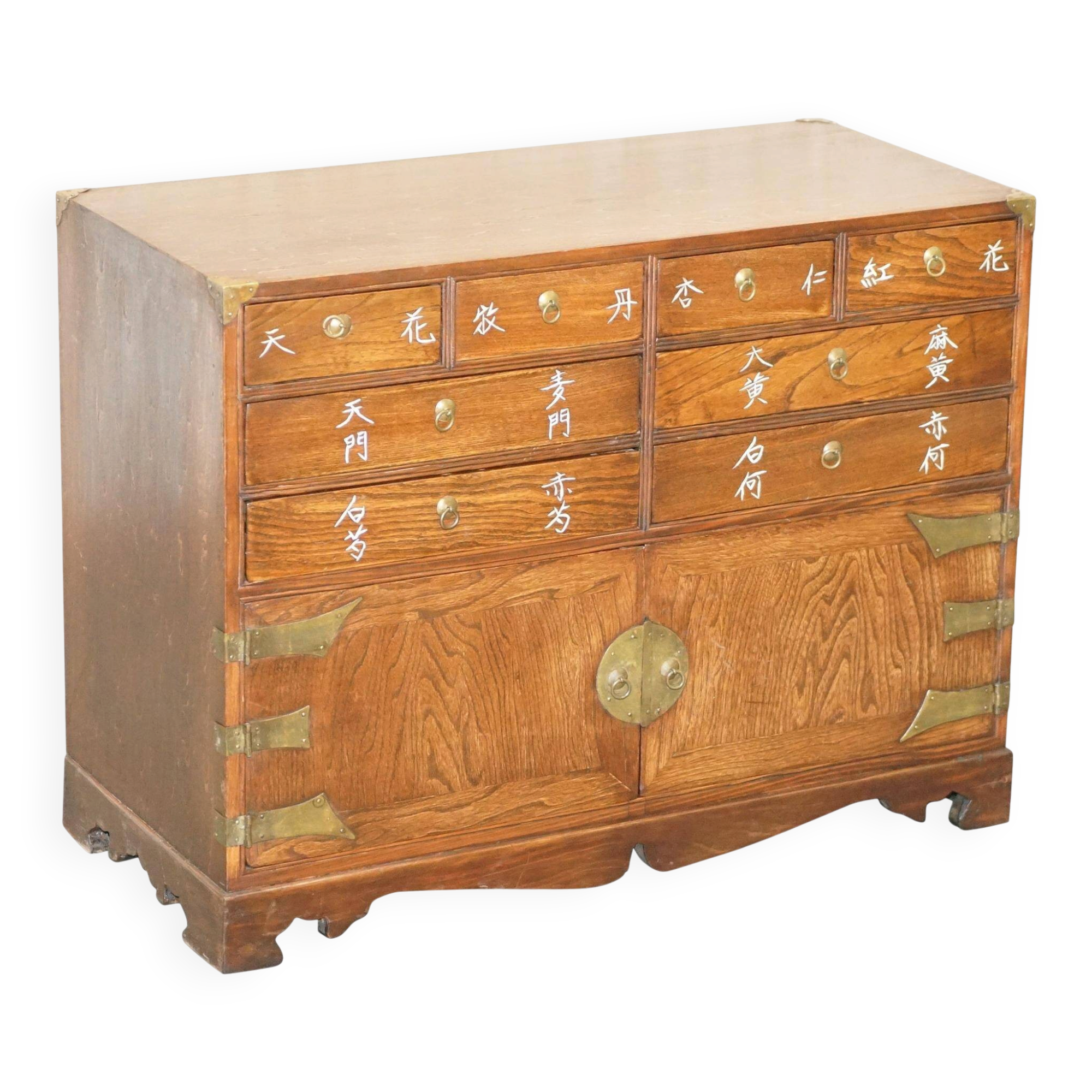 Elm apothecary cabinet with cupboard base