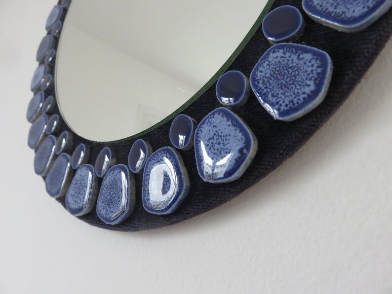 Blue ceramic round mirror 60 70s