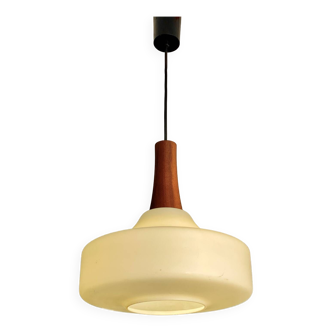 Louis Kalff pendant light in opaline glass and Scandinavian teak
