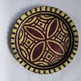 Extra-large enameled copper tray or catchall with ethnic tribal decoration.