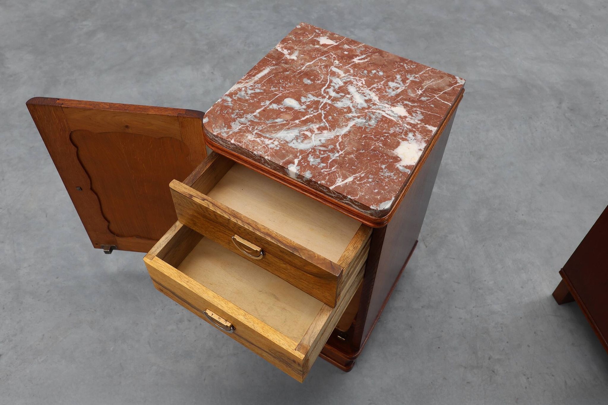 Pair of Art Deco nightstands in oak with marble top, France ca. 1925