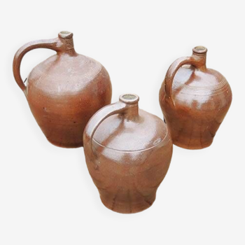 3 Old Calvados Jugs in Brown Glazed Stoneware