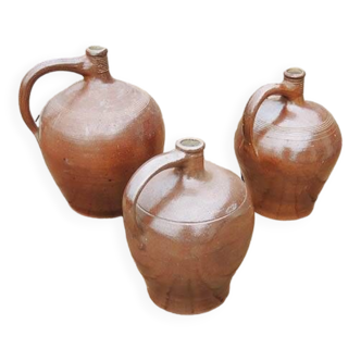 3 Old Calvados Jugs in Brown Glazed Stoneware