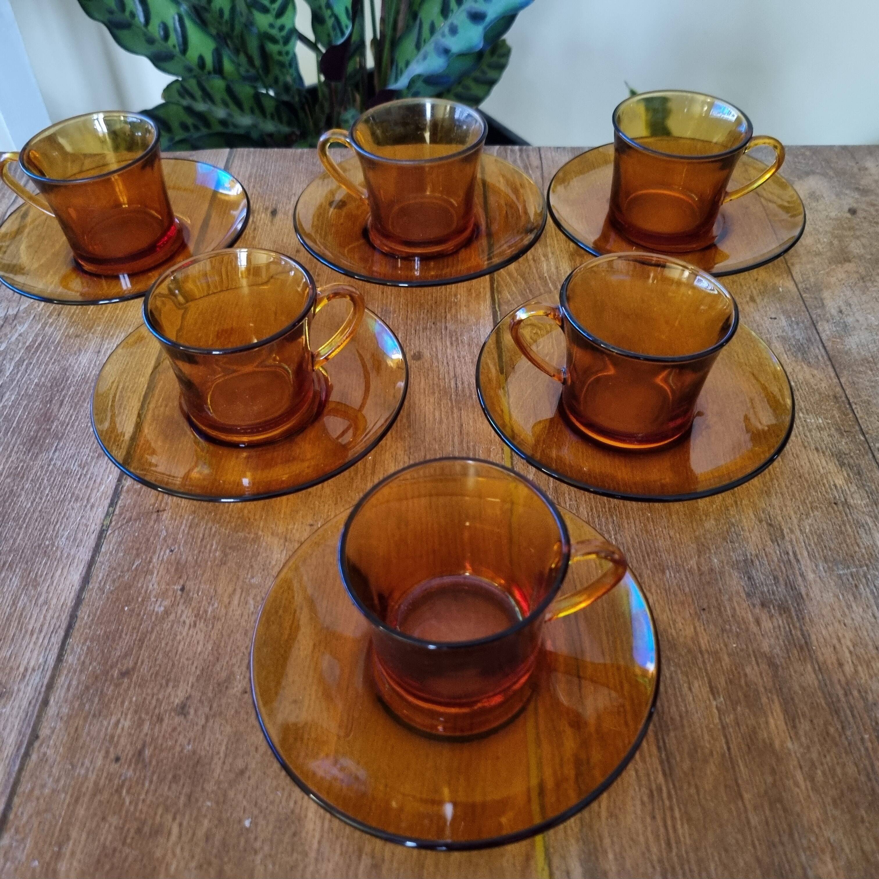 Set of 6 cups & saucers vintage Duralex amber glass signed