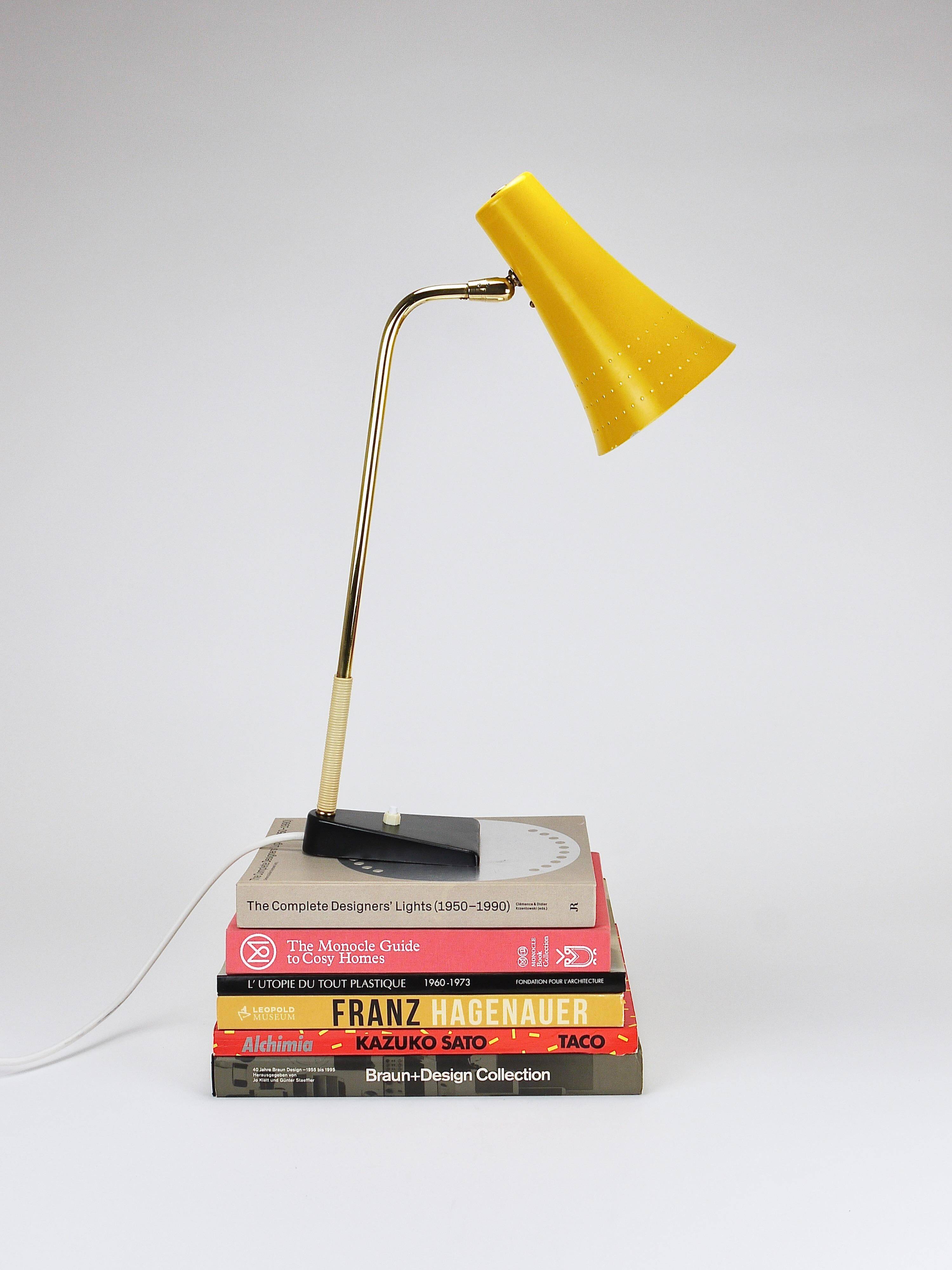 Yellow desk, table or accent lamp by J.T. Kalmar, brass and iron, Vienna, Austria, 1950s.