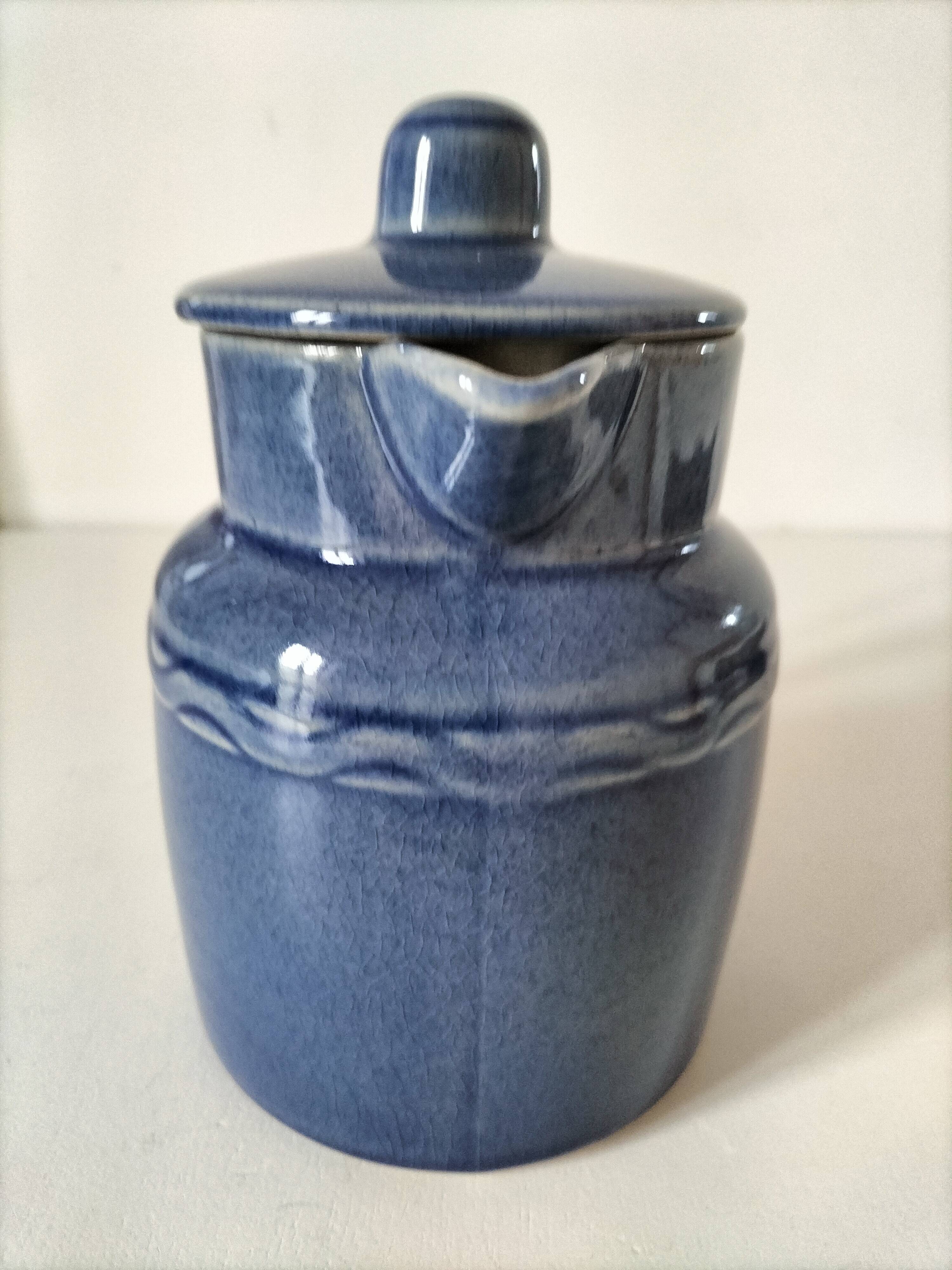 Blue speckled stoneware jug with integrated filter