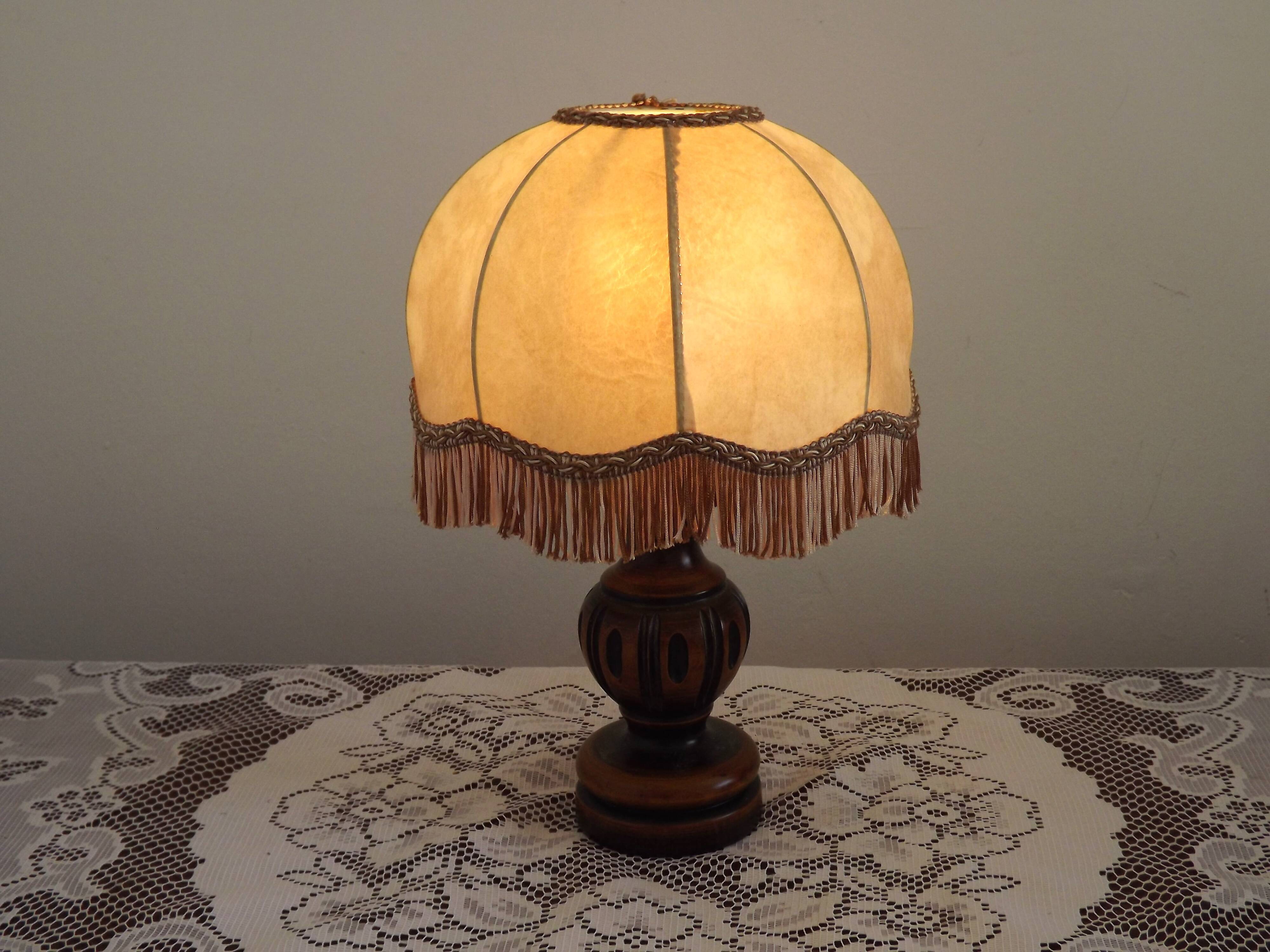 French Mid Century Round Turned Wood Grooved Table Lamp Hide Skin Shade